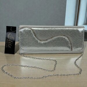 NWT Elite Champagne Clutch Purse Womens One Size Silver Glitter Rhinestone Chain